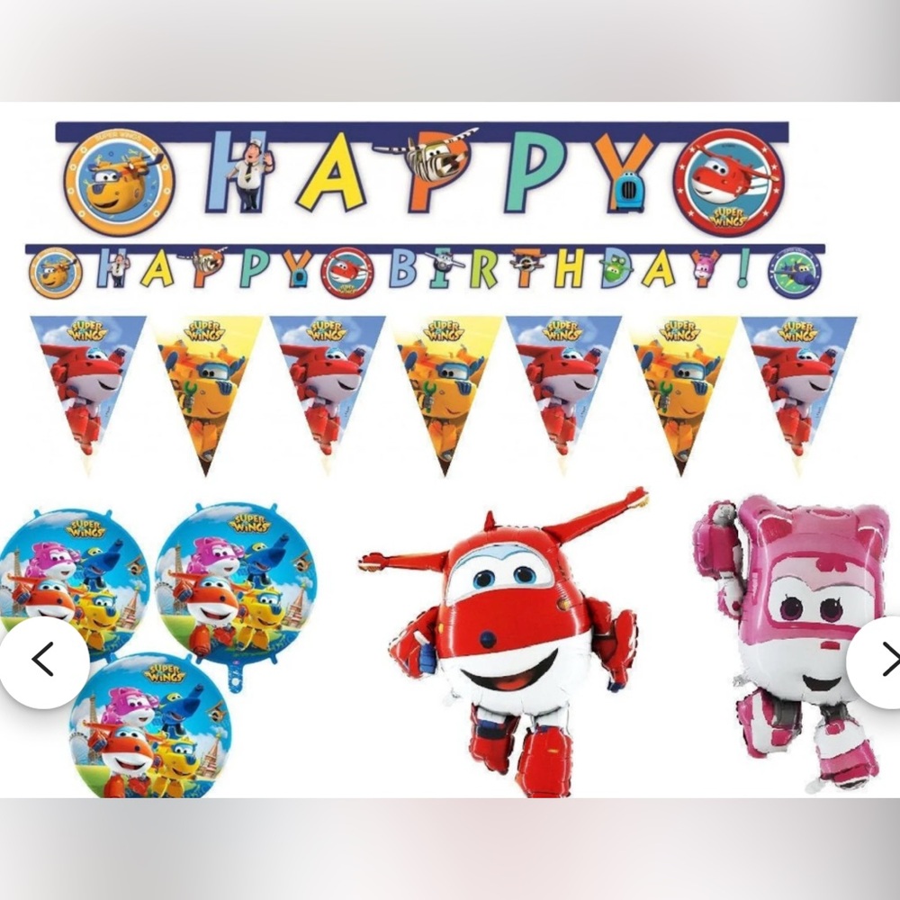 Super wings party banner & foil balloons